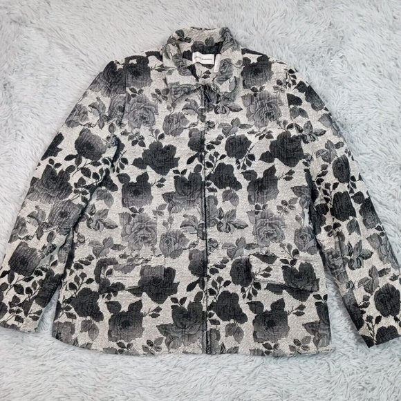Alfred Dunner Womens Jacket Black‎ White Plus 16 Floral Coat Faux Pockets Career - Picture 1 of 12